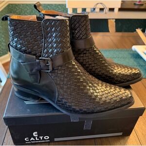 CALTO Black Woven Leather Elevator Boots Side Zip Buckle Strap Vibram Heel 10.5